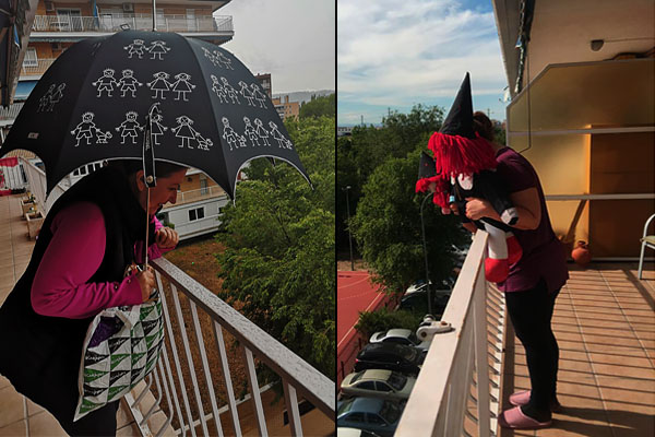 Mari Carmen saludando a los niños desde el balcón de su terraza