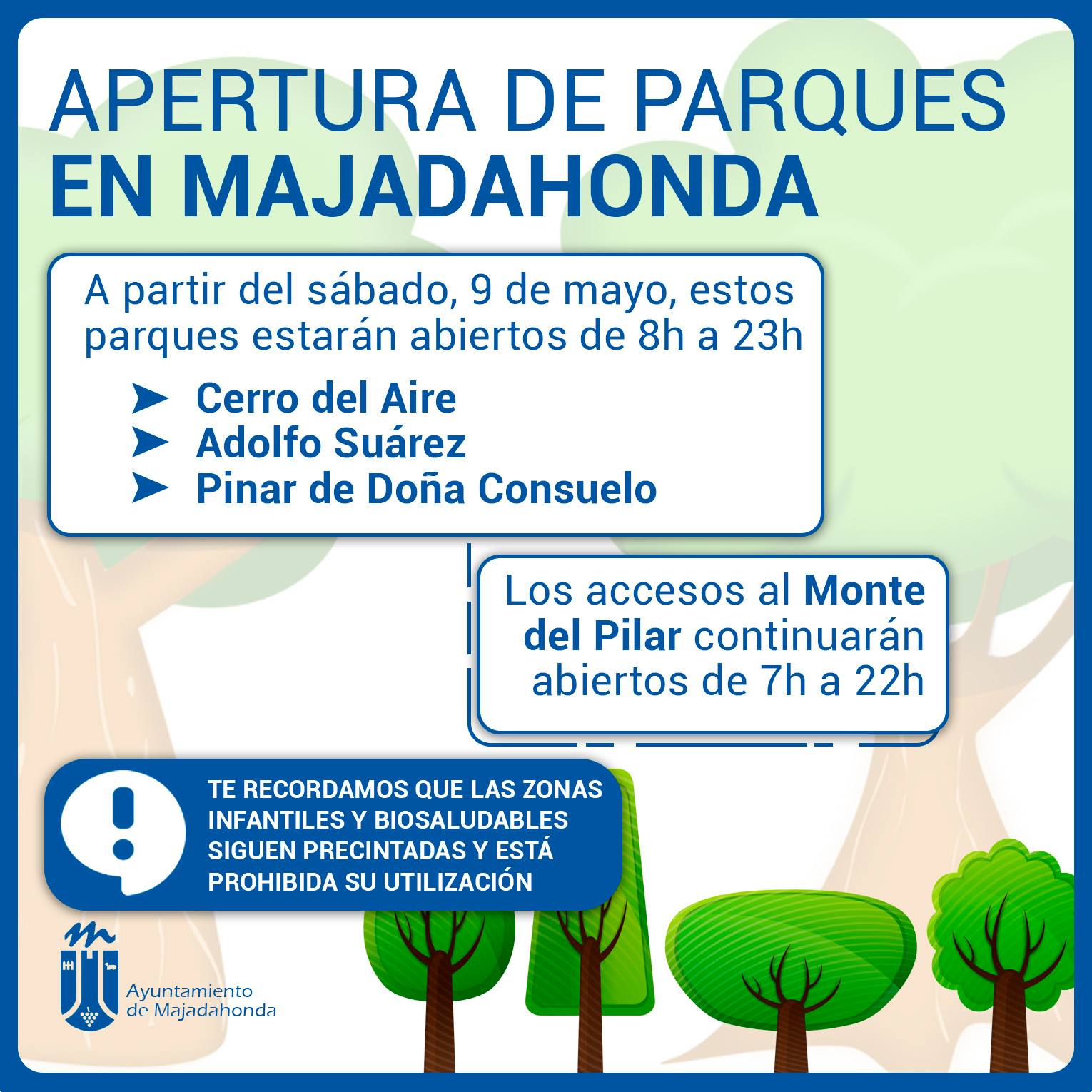 Cartel informativo de la reapertura de jardines en Majadahonda