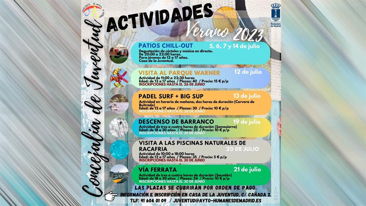 La concejalía de Juventud del Ayuntamiento de Humanes ha programado cinco salidas para chicos y chicas entre 12 y 17 años